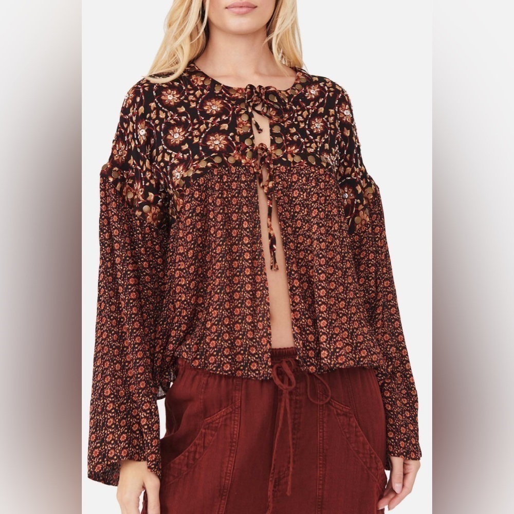 Free People Malia Babydoll Jacket Top Black Combo